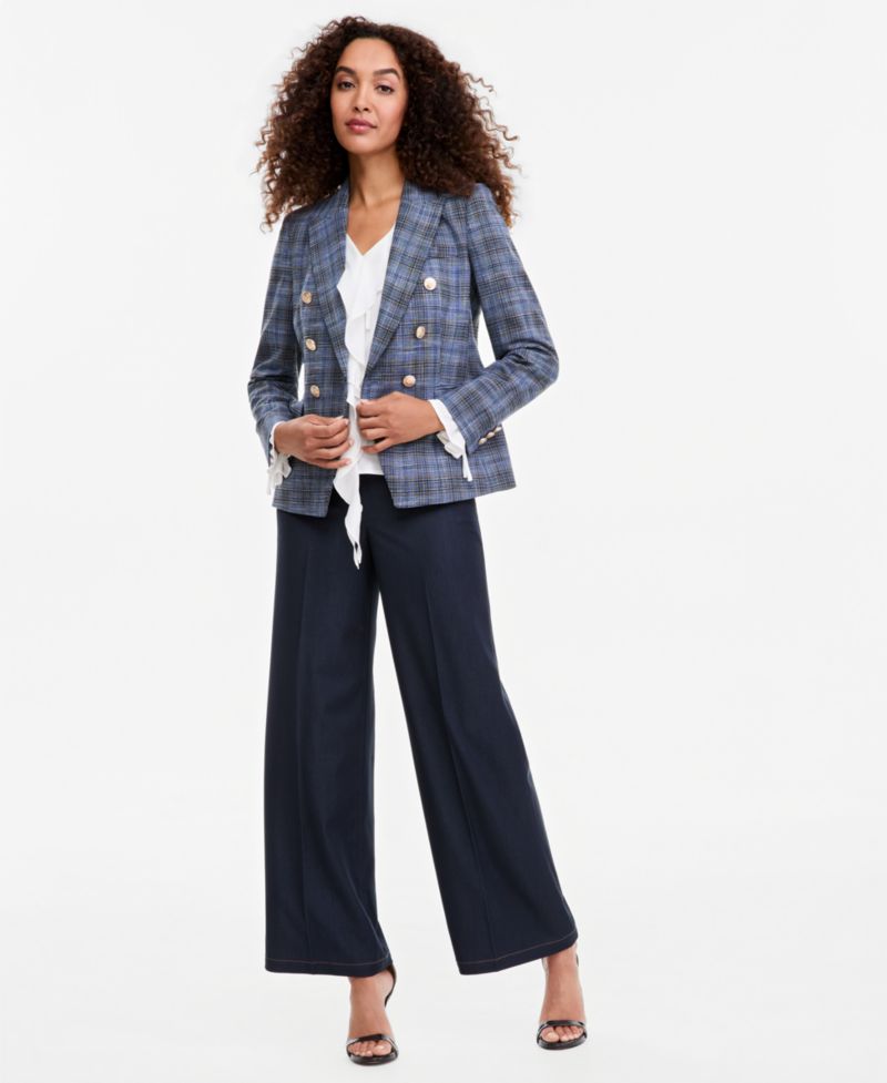 Women's Plaid Double Breasted Blazer, V-Neck Ruffle-Front Long-Sleeve Blouse & Wide-Leg Mid-Rise Denim Pants