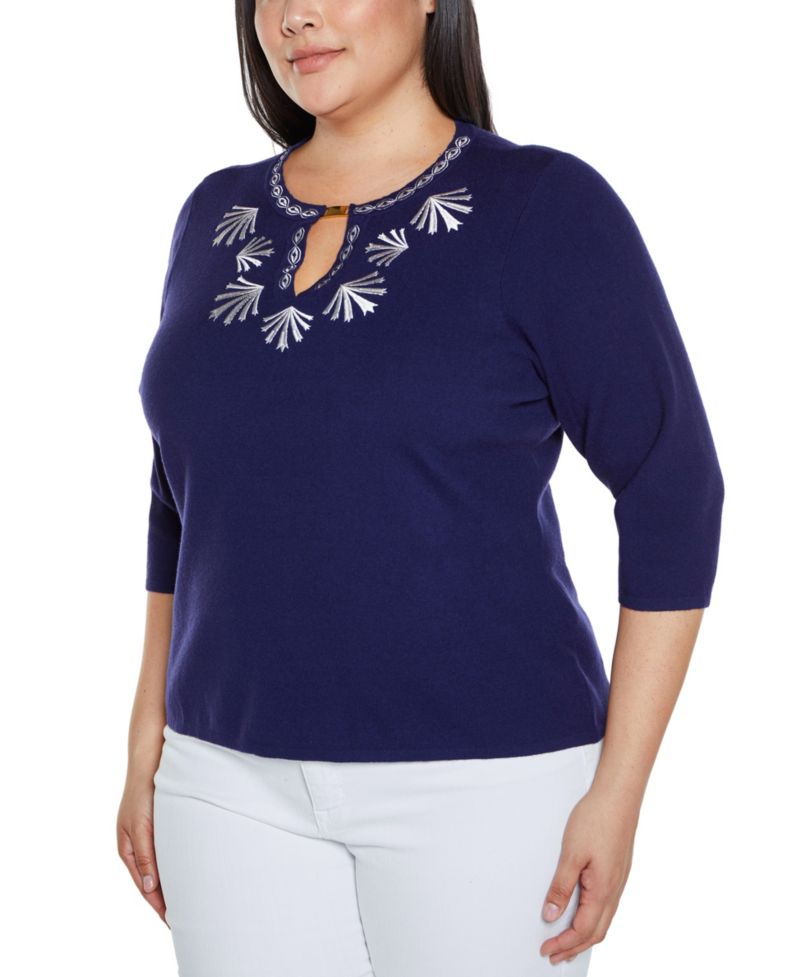 Plus Size Black Label Embroidered Split-Neck Sweater