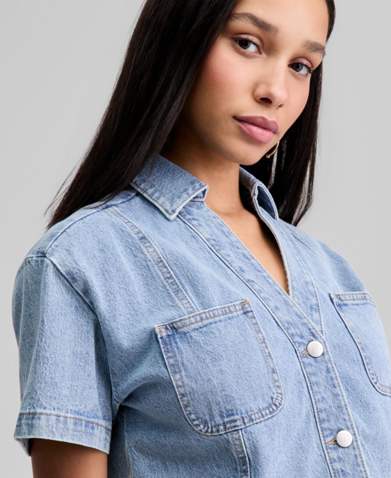 Petite Short-Sleeve Denim Shirt