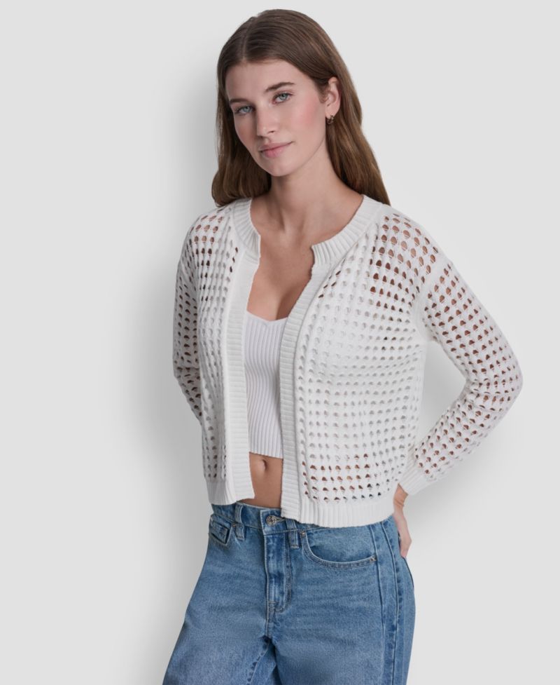 Women's Open-Stitch Drop-Shoulder Cardigan Sweater