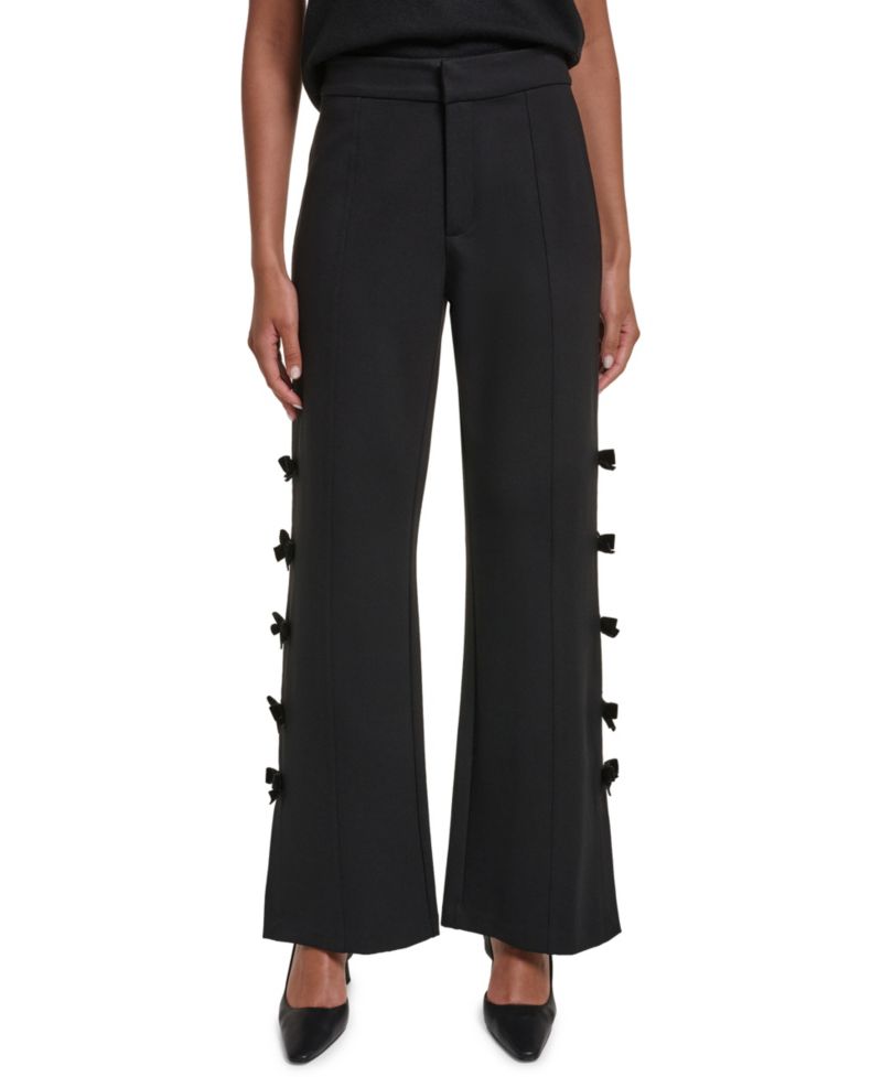 Petite Soft Set Bow Bottom Wide-Leg Velvet Pants