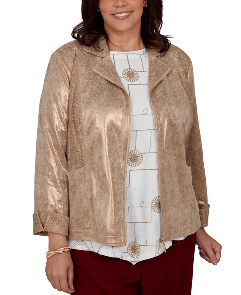 Plus Size Union Square Mixed Media Knit Back 3/4-Sleeve Zip-Front Jacket