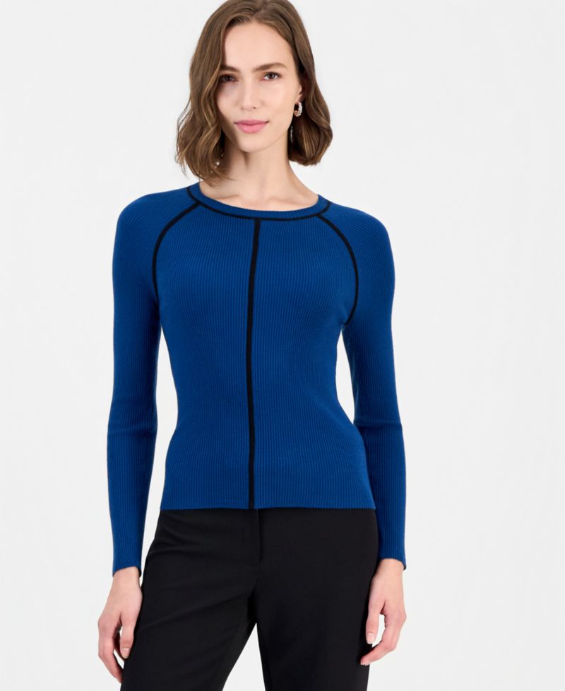 Women's Raglan-Sleeve Ribbed Crewneck Long-Sleeve Pullover Sweater