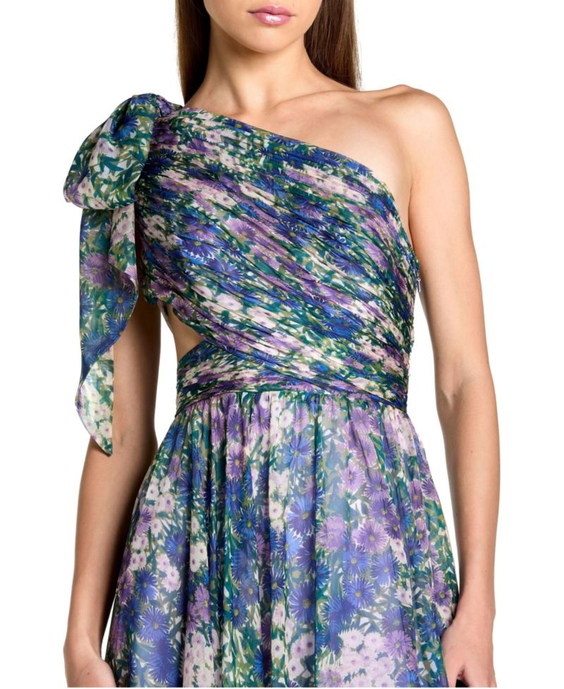 Petite One-Shoulder Floral Printed Chiffon Cutout Gown