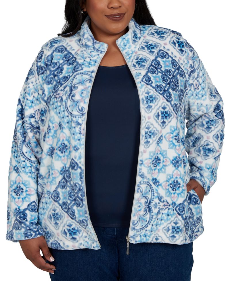 Plus Size Classic Soft Medallion Fleece Geometric-Print Zip-Front Jacket