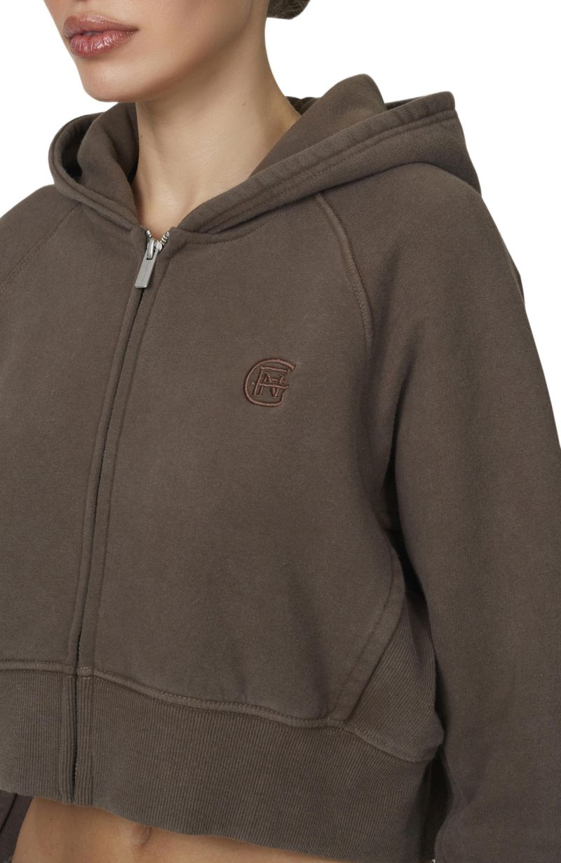 Women's Ribbed Emblem Crop Zip Hoodie