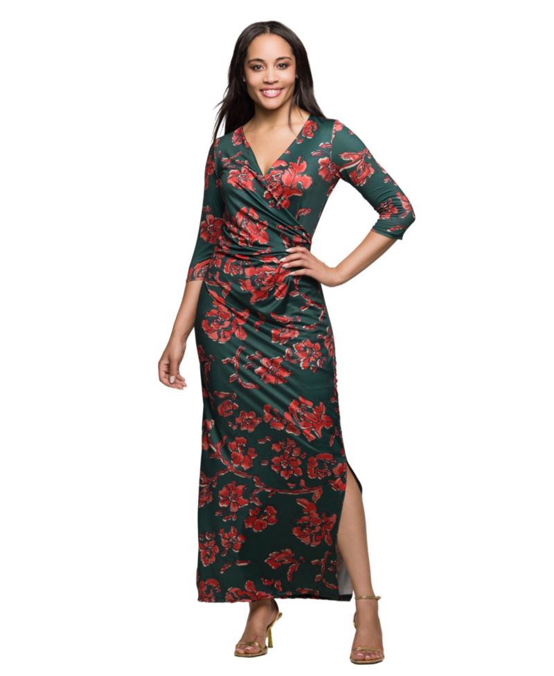 Женское зеленое платье с рукавом три четверти и цветочным принтом