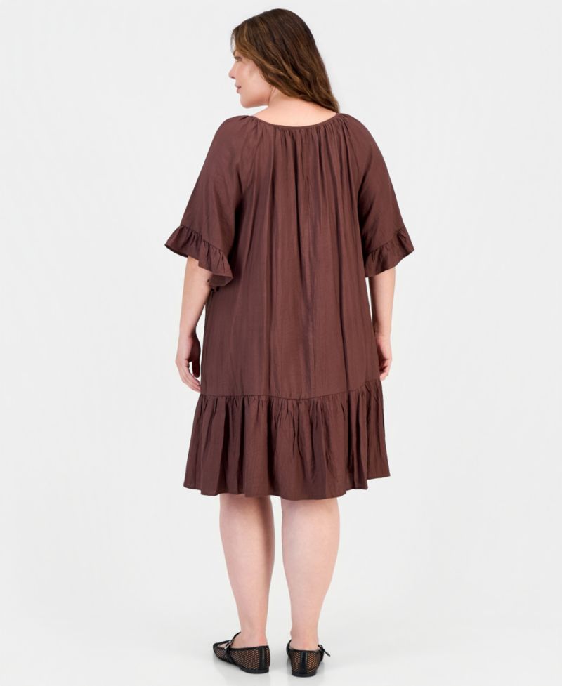 Plus Size Ruffle-Hem Bell-Sleeve Split-Neck Dress