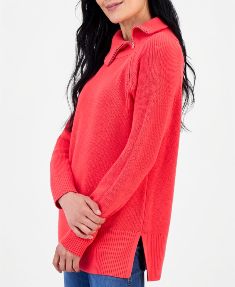 Petite High-Neck Zip Cotton Sweater