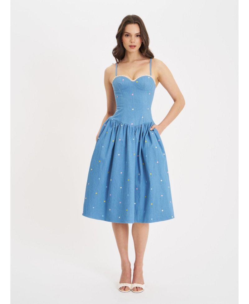 Women's Zadie Cotton Denim Drop Waist Embroidery Flower Midi Dress