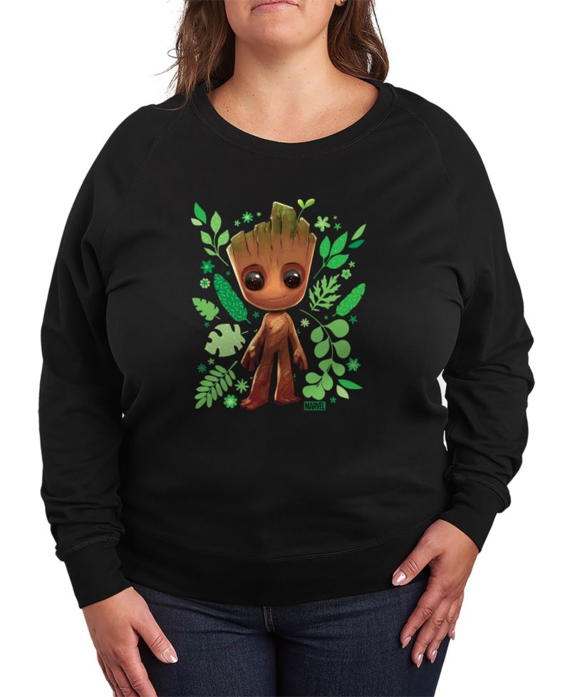 Plus Size Guardians Of The Galaxy Baby Groot Leaf French Terry Long-Sleeve T-Shirt