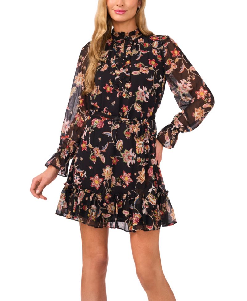 Women's Long Sleeve Tie Waist Mini Dress
