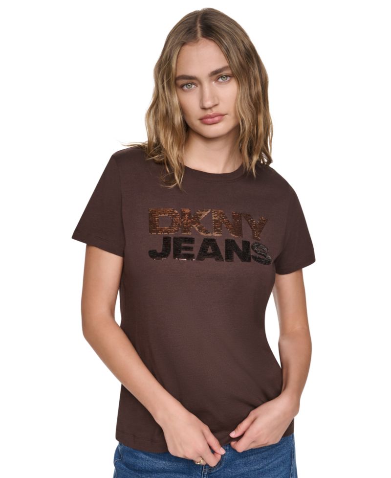 Women's Stacked Logo Mixed Sequins Crew Neck T-Shirt