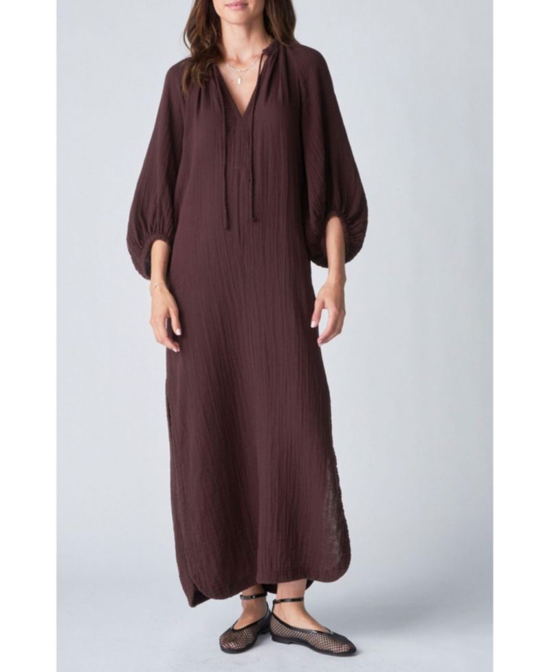 Women's Ocean+Main Avery Long Tie Neck Dress Gauze Caftan