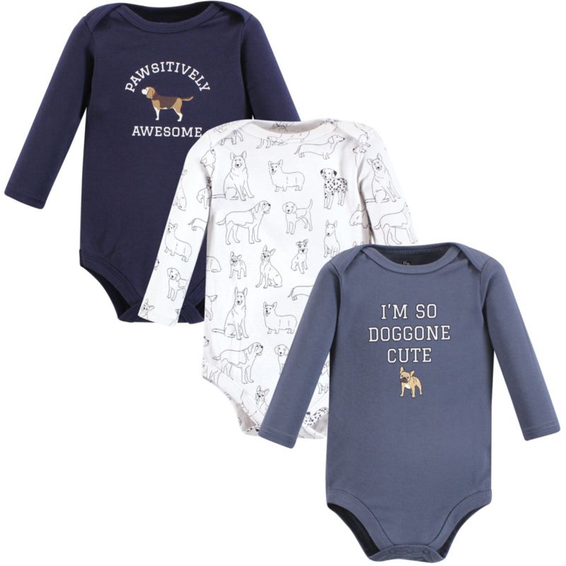Cotton Long-Sleeve Bodysuits, Dogs 3-Pack