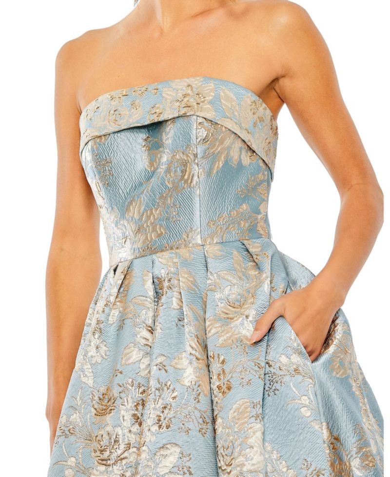 Petite Strapless Floral Brocade Midi Dress with Pockets