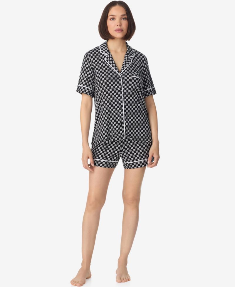 Women's Sleepwear Short-Sleeve Notch Collar Top & Boxers, 2-Piece Set