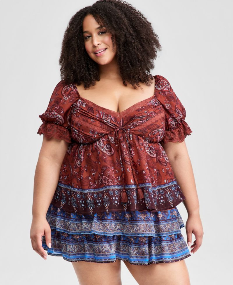 Trendy Plus Size Paisley Tiered Mini Skirt