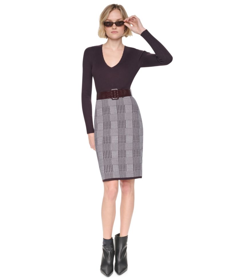 Women's Houndstooth Plaid V-Neck Long-Sleeve Sweater Dress