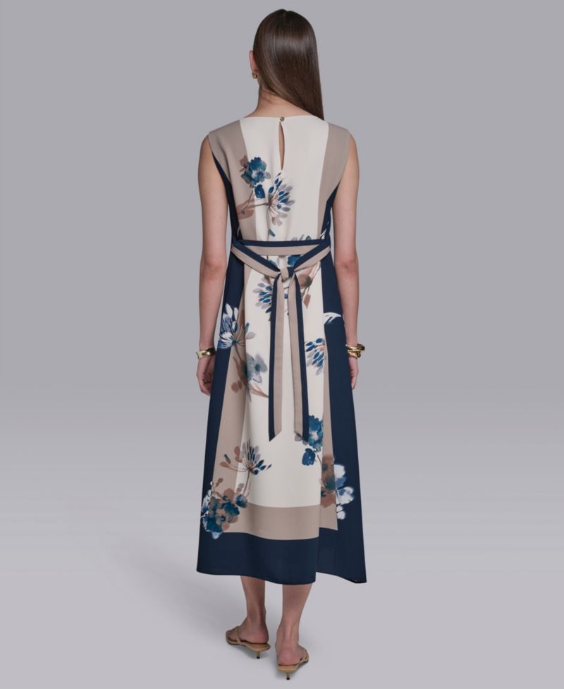Women's Sleeveless Self-Belt Floral Printed Midi Dress