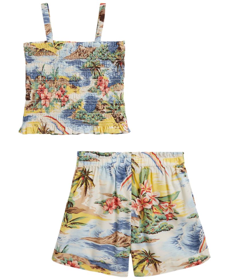 Girls' 2T-6X Tropical-Print Smocked Boxy Top & Short, 2-Piece Set