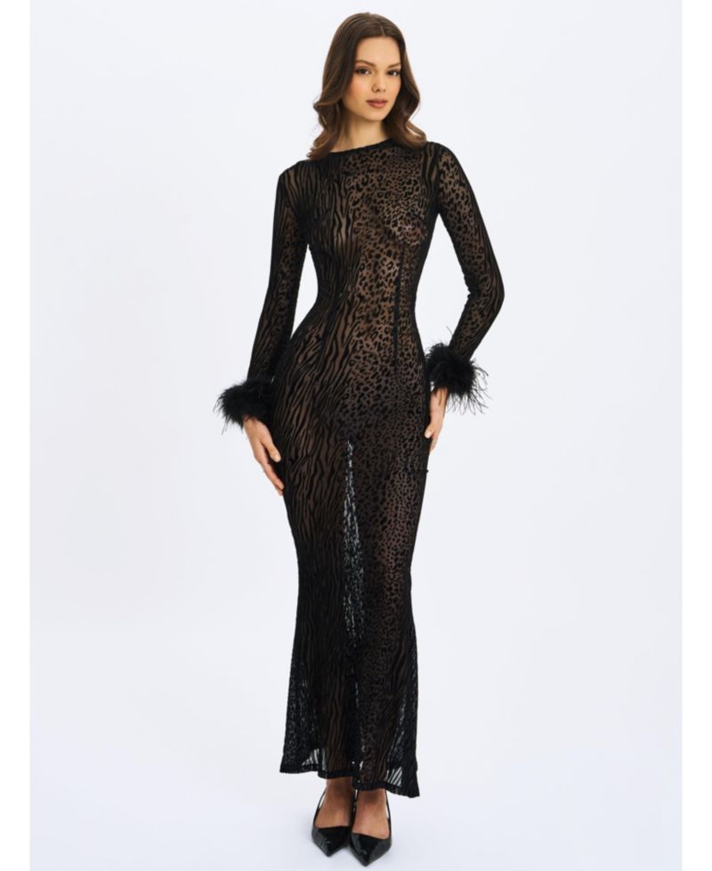 Women's Patricia Black Leopard Burnout Velvet Mesh Backless Maxi Dress
