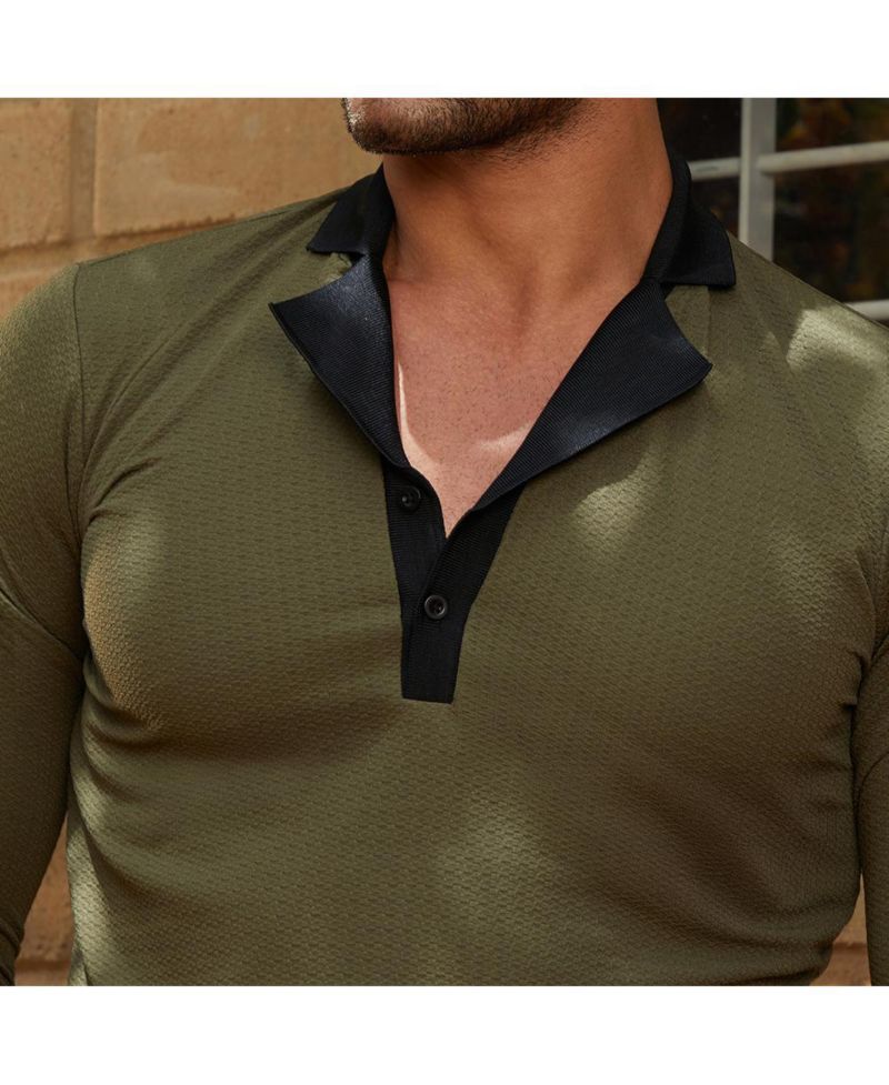 Men's Olive Green Obsidian Black Textured Cuban Polo T-Shirt
