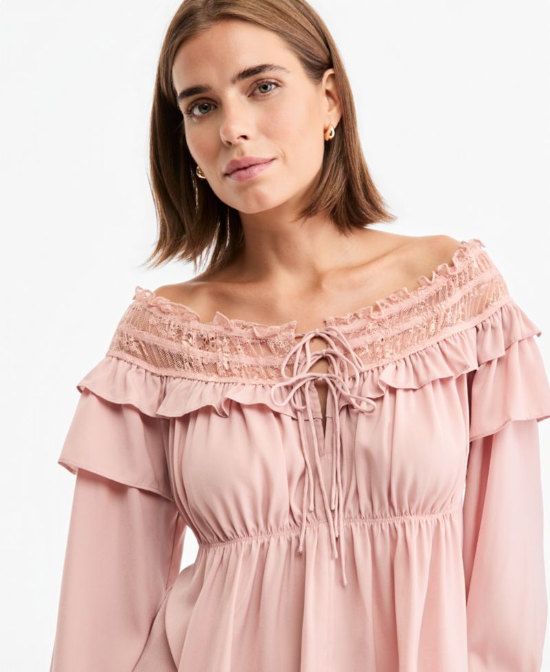 Petite Off-the-Shoulder Long Bell-Sleeve Ruffled-Trim Blouse