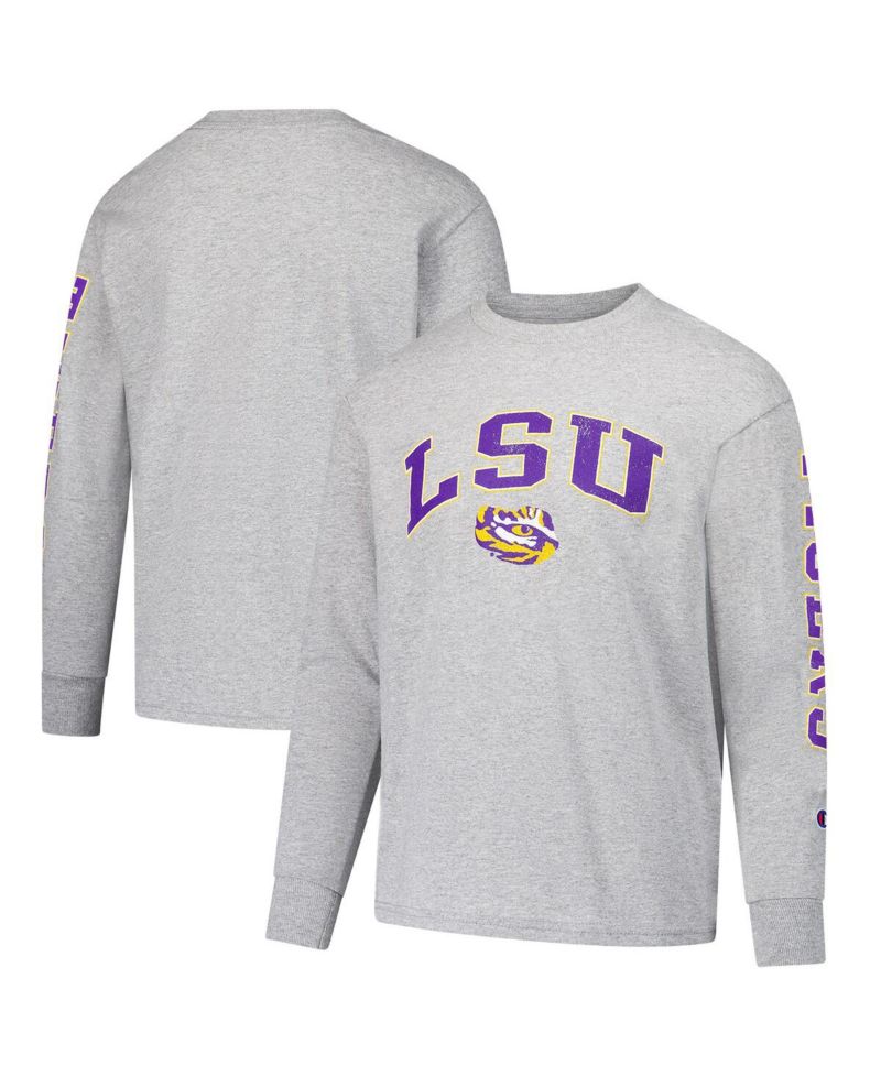Big Boys and Girls Gray LSU Tigers Distressed Arch Over Logo Long Sleeve T-Shirt