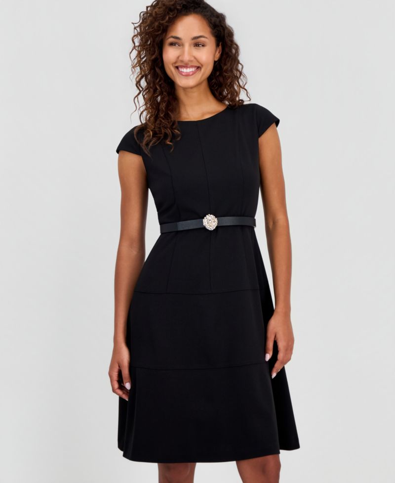 Petite Cap-Sleeve Seamed Scuba Crepe Sheath Dress