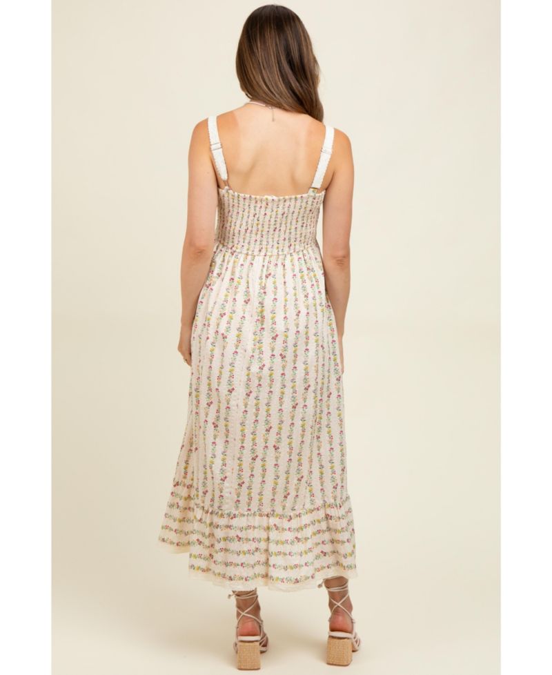 Women's Cream Floral Textured Cotton Lace Trim Maxi Dress