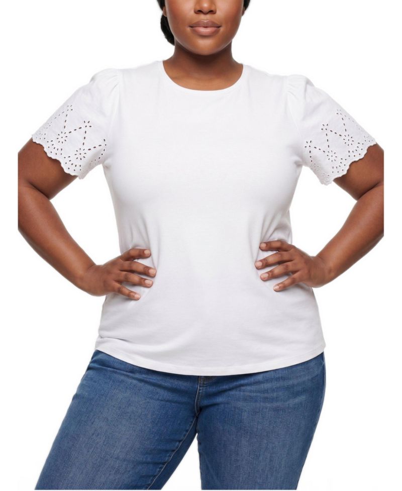 Plus Size Belle Isle Eyelet Scalloped-Edge Cotton Crewneck Short-Sleeve T-Shirt