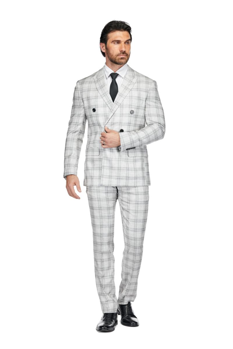 Men's 2 Piece Slim Fit Grey Check Double Breasted Suit