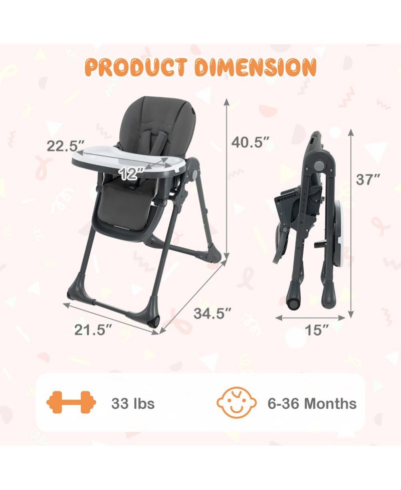 Toddler High Chair w/ 7 Height and 3 Footrest Adjustable Cup holder 2 Wheels