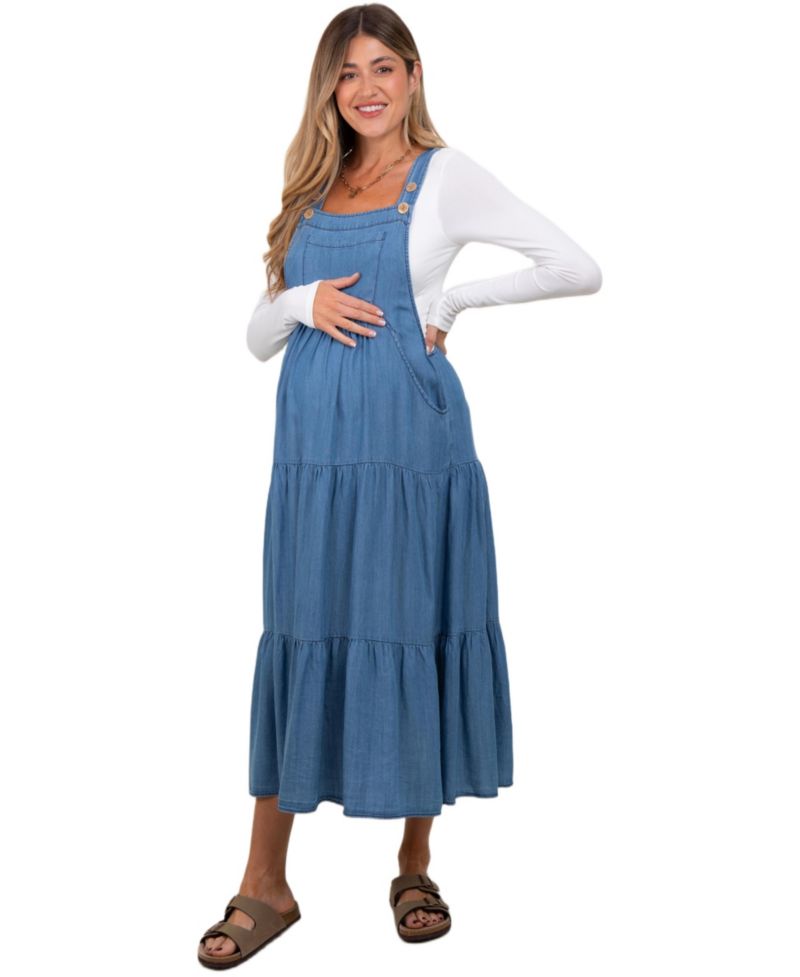 Women's Blue Chambray Overall Tiered Midi Dress