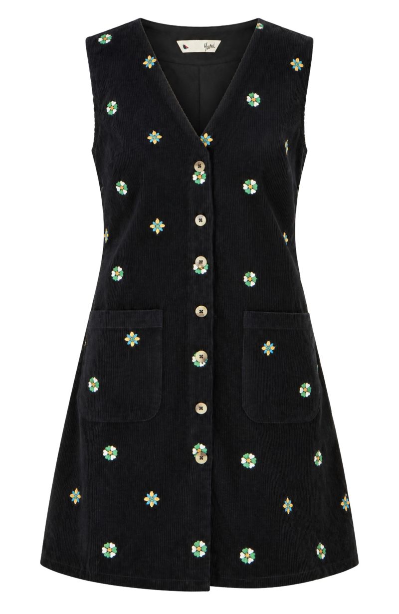 Women's Embroidered Button Up Pinafore Dress