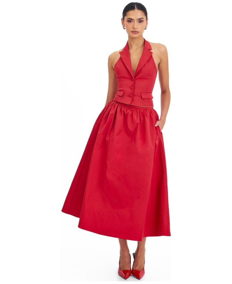 Women's Ursella Crimson Halter Single-Breasted Lapel Top
