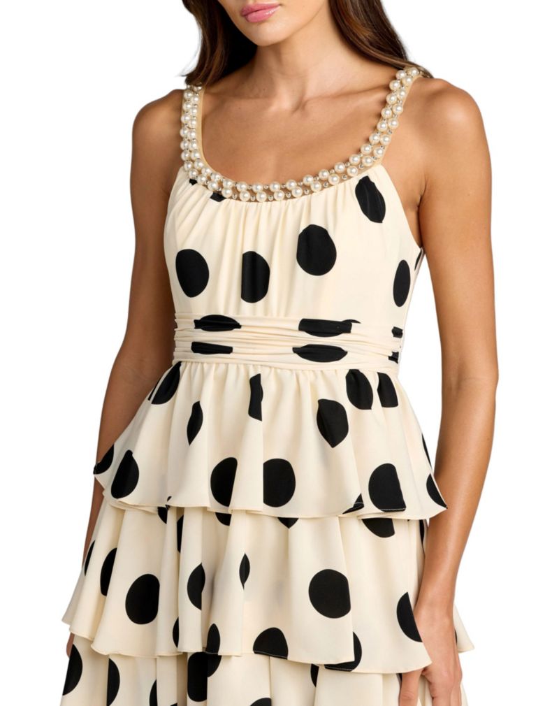 Women's Polka Dot Charmeuse Scoop Neck Ruffle Midi Dress