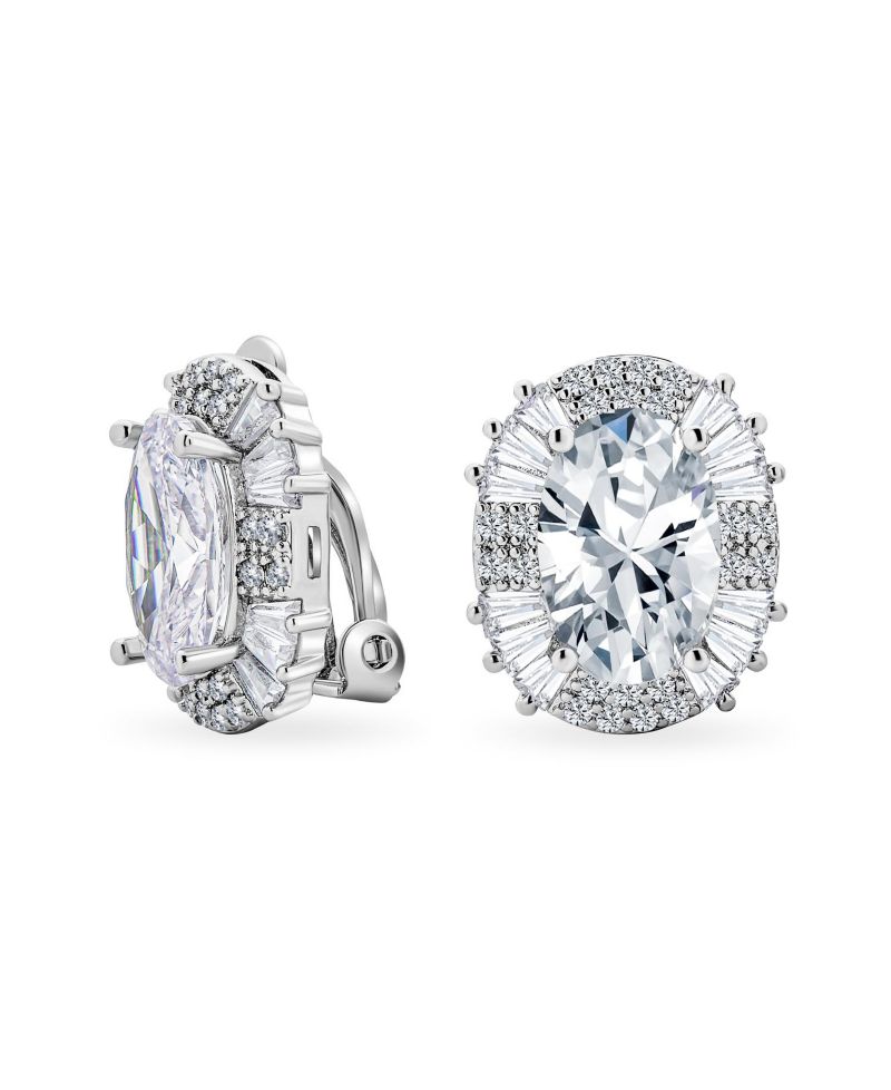 Art Deco Style Oval Baguette Halo CZ Cocktail Stud Clip On Earrings