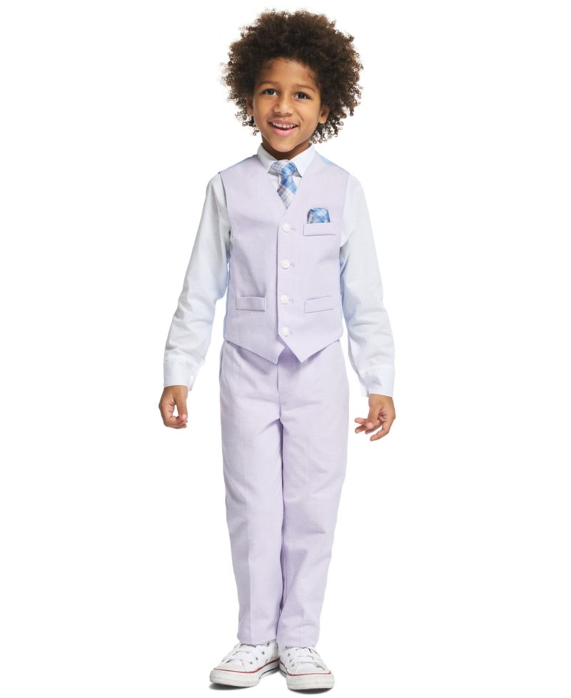 Boys' 2-7 Linen Check Long-Sleeve Shirt, Vest, Necktie, Pocket Square & Pants, 5-Piece Set