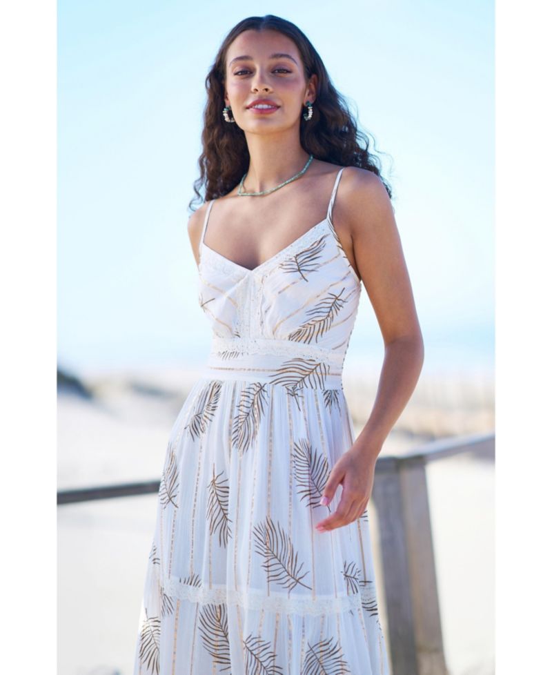 Women's Foil Print Lace Trim Midi Sun Dress