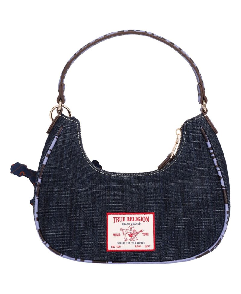 Graphic Trim Denim Hobo Bag with Buddha Charm