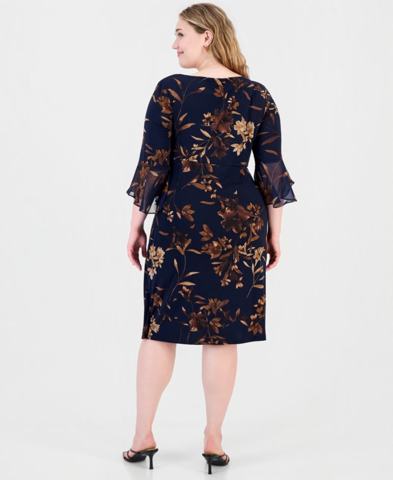 Petite Side Tab Floral 3/4-Sleeve Flounce-Cuff Dress