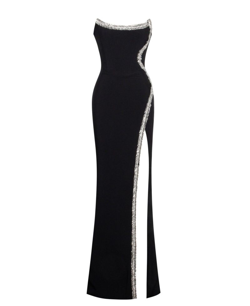 Women Xoana Black Crystal Embellished High Slit Gown