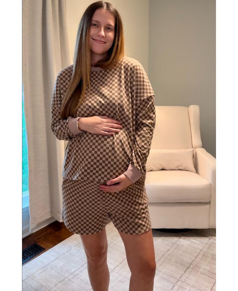 Women's Mocha Checkered Plaid Pullover Shorts Set
