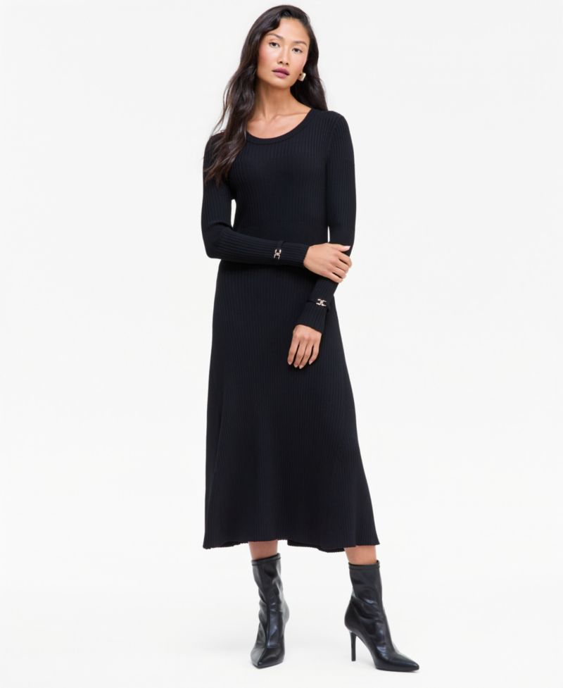 Women's Crewneck Ribbed Long-Sleeve Sweater Dress