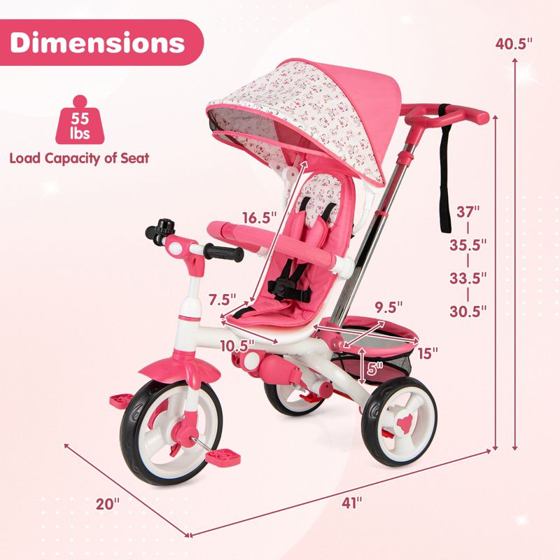 Girls 4-in-1 Tricycle Stroller with Detachable Design and Round Sun Canopy