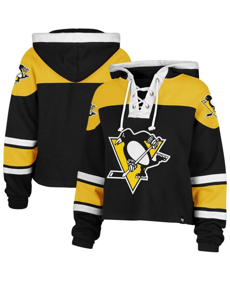Women's Black Pittsburgh Penguins Cropped Superior Lacer Pullover Hoodie