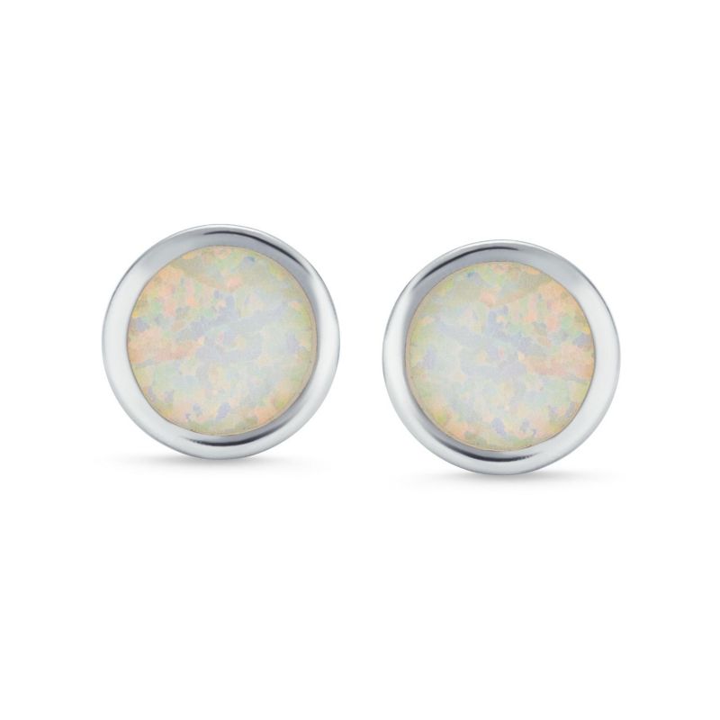 Created White Opal Round Stud Earrings Bezel Set .925 Sterling Silver 9MM