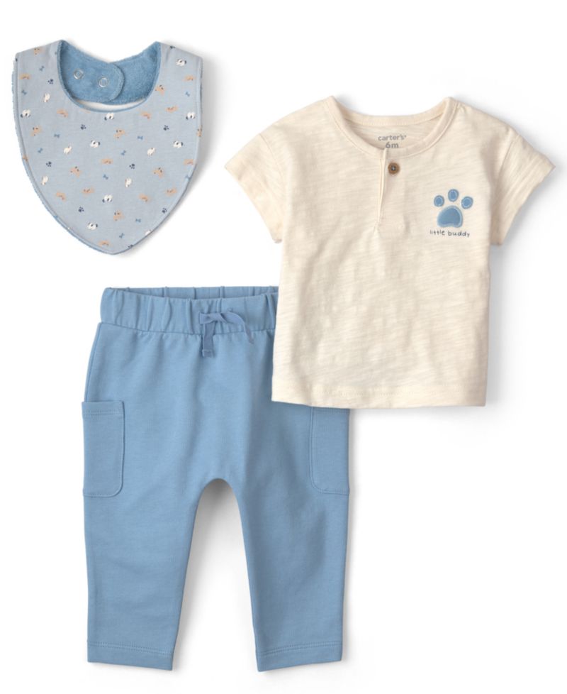 Baby Boys' Short-Sleeve T-Shirt, Bib and Pants, 3-Piece Set